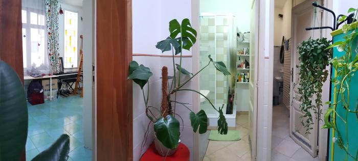 🚀 FR 🛰️ Vue depuis le bureau & hall d’entrée vers trois espaces: 1️⃣ le séjour à gauche 2️⃣ la salle de douche & lavabo 3️⃣ le WC séparé avec lave-mains 🌅 NL 🎇 Zicht vanaf de studeer-ruimte & inkomhal naar drie ruimtes: 1️⃣ de woonkamer links 2️⃣ de doucheruimte met wasbak 3️⃣ de aparte WC met wastafel 🌅 EN 🌇 View from the office & hall to three spaces: 1️⃣ the living room on the left, 2️⃣ the shower room, 3️⃣ the separate WC with wash basin.