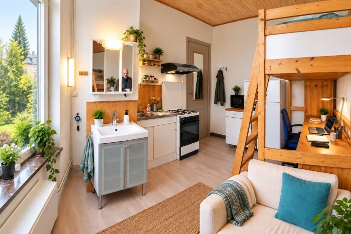 🫑 FR 🥦 La douche se cache derrière le lavabo… pendant que la cuisine, tout feu tout flamme, ne cache rien du tout 🍒 NL 🍅 De douche verstopt zich achter de wastafel... terwijl de keuken, vol vuur en vlam, helemaal niets te verbergen heeft 🥔 EN 🧅 The shower hides behind the sink... while the kitchen, all fired up, hides absolutely nothing.