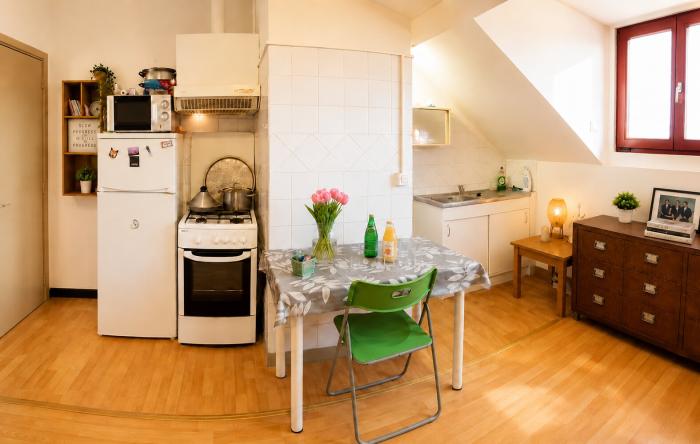 🔸 KITCHEN CORNER 🔸: ⋘1️⃣⋙ A+ silent double door fridge ⋘2️⃣⋙ cooker: oven and 4 heat points, extractor hood under hanging cupboard. Kitchen furniture to left of front door ⋘3️⃣⋙ stainless steel sink on base unit in right hand corner ................................................................................................................................. 
🔹 SHOWER IN CENTER 🔹: recessed behind tiled wall beside kitchen table.